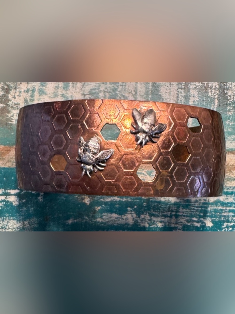Handcrafted Copper Bee Cuff Bracelet Honeycomb Textured Artisan Jewelry